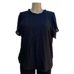 LOFT Black Lace Blouse Women L Ruffle Neck Flutter Sleeve Sheer Elegant Top